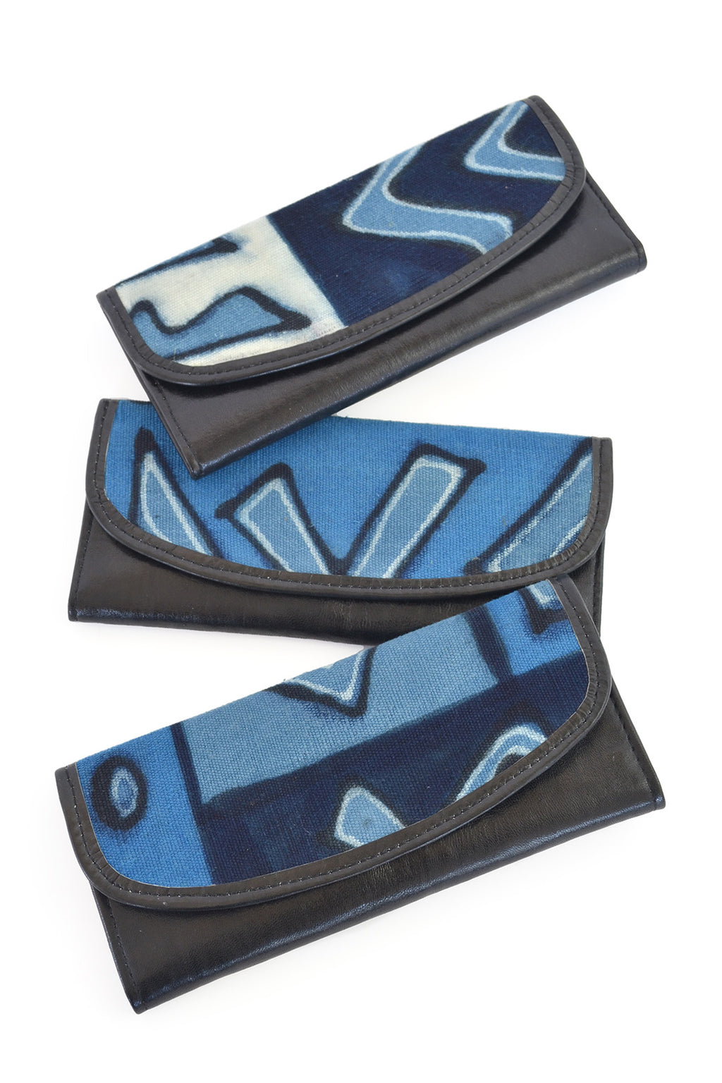 Blue Mudcloth & Black Leather Folding Wallet