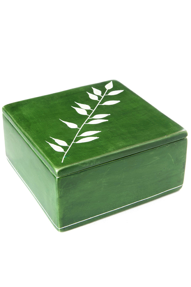 Green Soapstone Square Box with African Bamboo Design