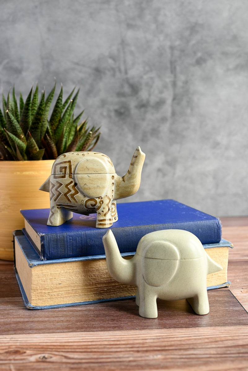 Natural Soapstone Elephant Treasure Box – African Modern - Swahili