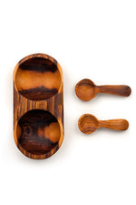 Double Wild Olive Wood Spice Bowl with Spoons