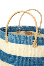 Classic Blue Striped Sisal Handbag with Leather Handles