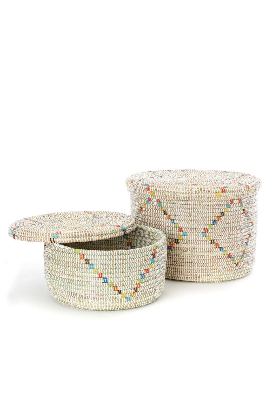 Set of Two Rainbow Garland Lidded White Storage Baskets