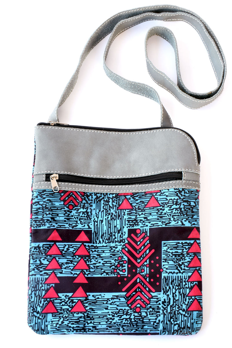 Zambian Chitenge Cloth and Gray Leather Cross Body Bag