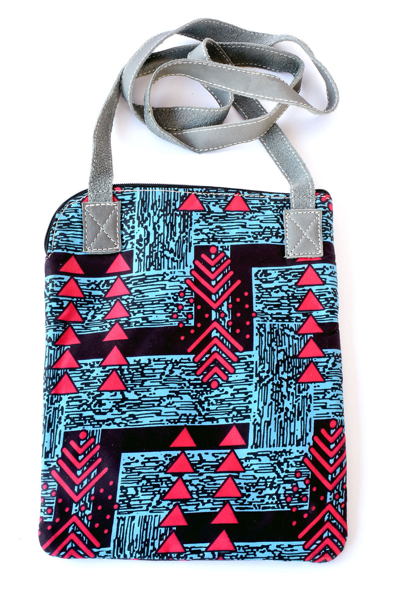 Zambian Chitenge Cloth and Gray Leather Cross Body Bag