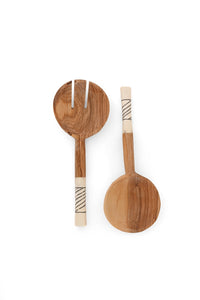 Imperfect: Petite Wild Olive Wood Salad Servers with Etched Bone Handles