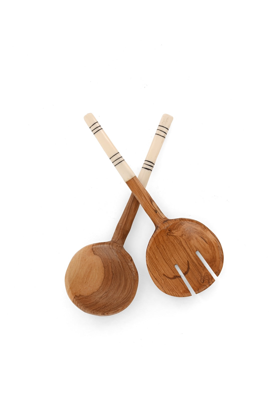 Imperfect: Petite Wild Olive Wood Salad Servers with Etched Bone Handles