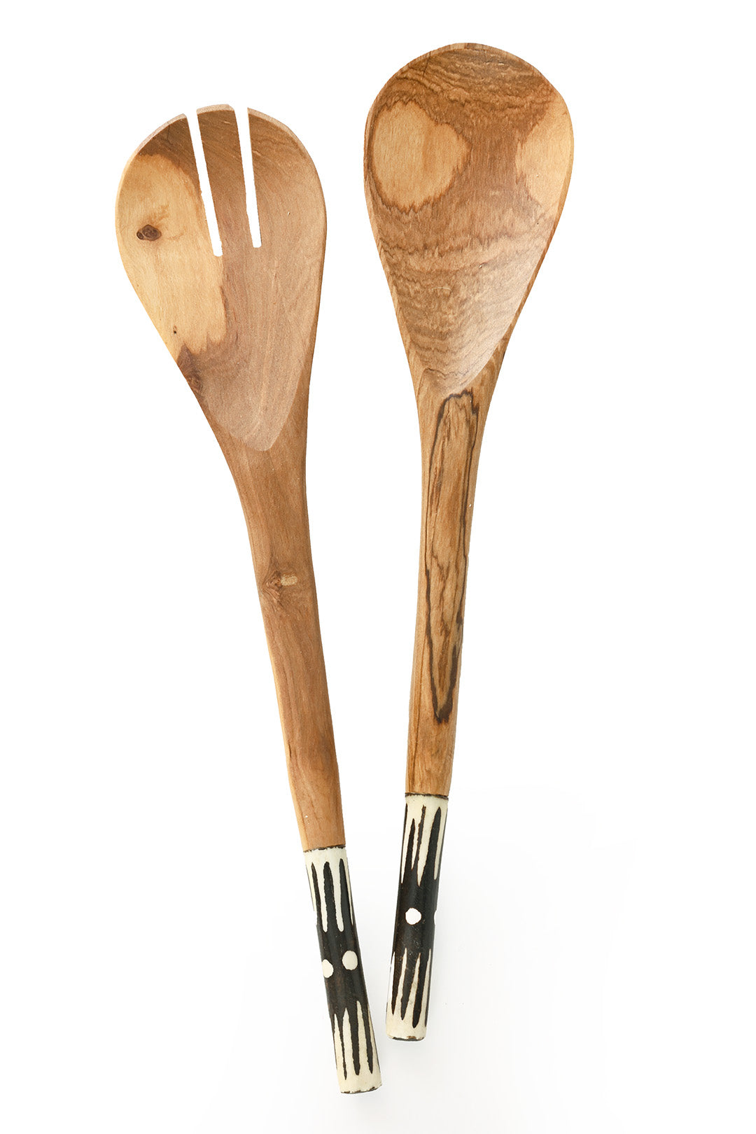 Kenyan Olive Wood Simple Salad Servers with Batik Bone Handles