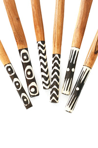 Kenyan Olive Wood Simple Salad Servers with Batik Bone Handles