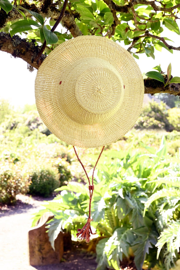Natural Ghanaian Short Brimmed Straw Hat with Strap