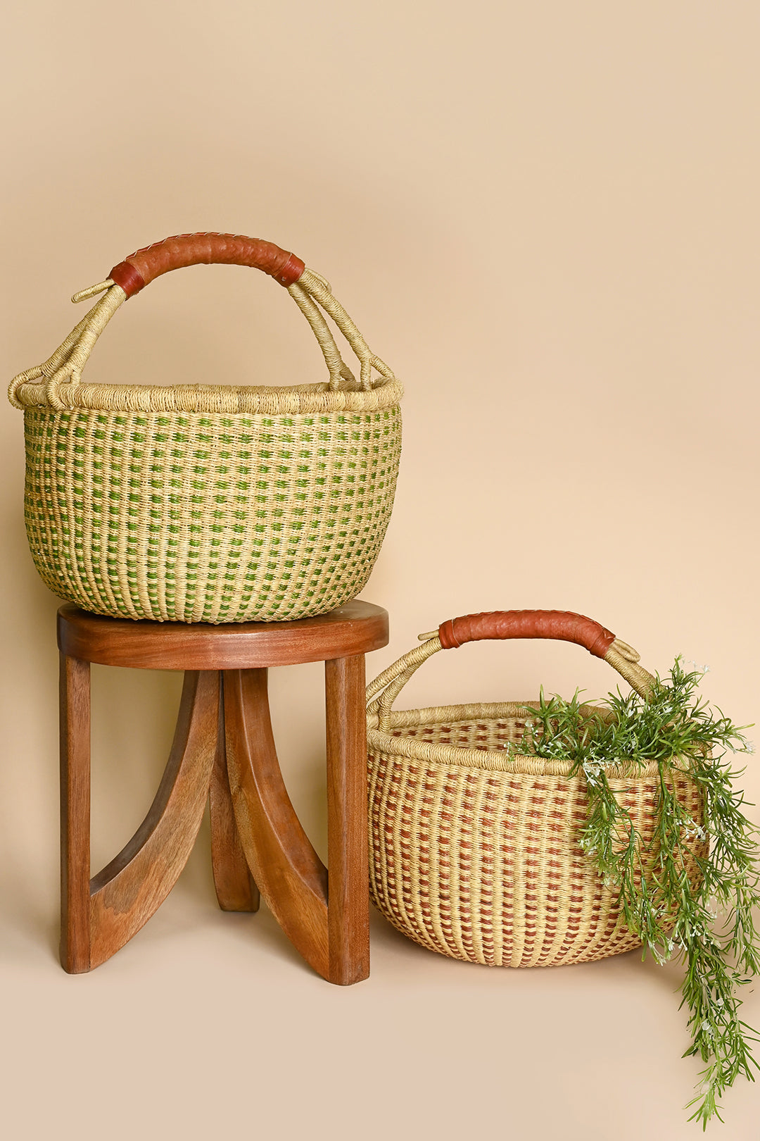 Forest Green and Natural Checked Bolga Basket