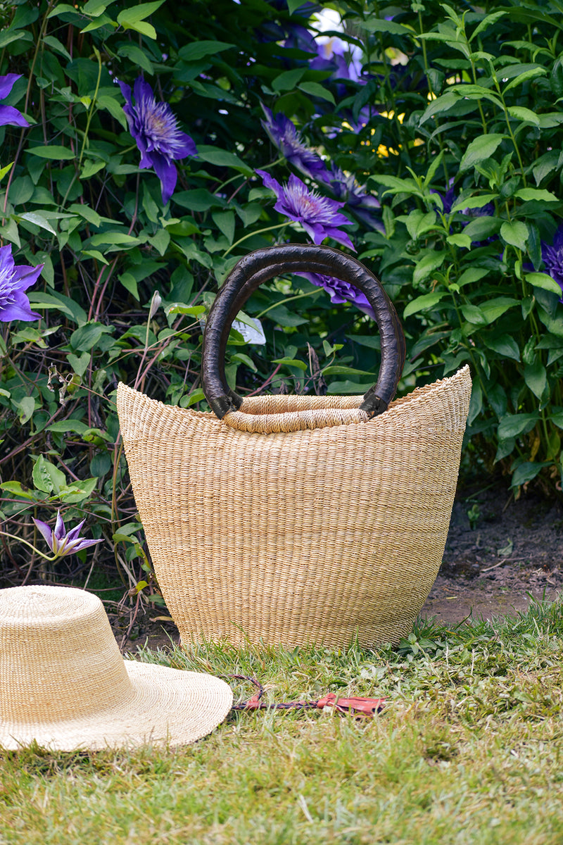 Natural Ghanaian Wing Shopper with Black Leather Handles