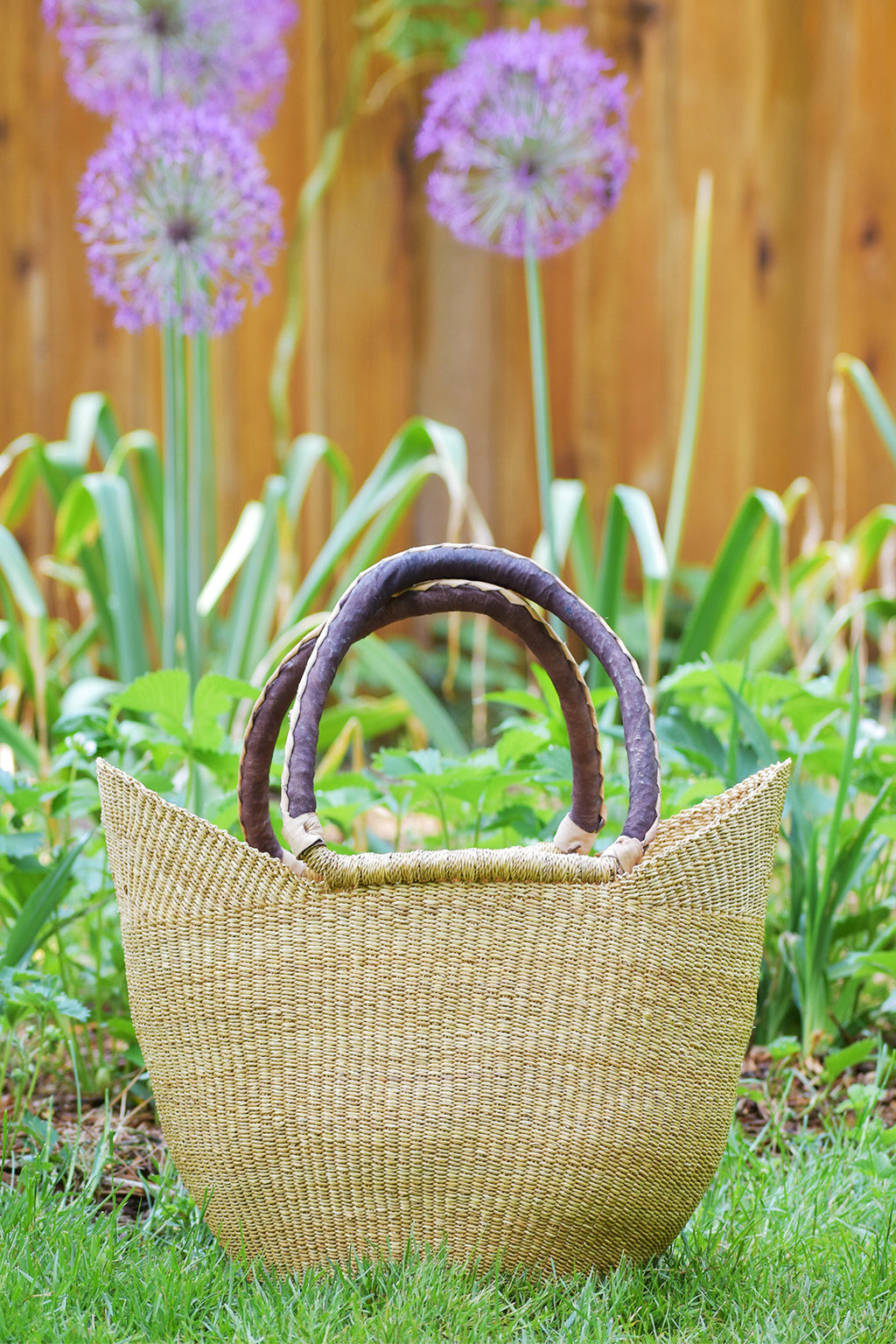 Natural Ghanaian Wing Shopper with Braided Brown Leather Handles