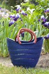 Navy Blue Ghanaian Lacework Wing Shopper with Leather Handles