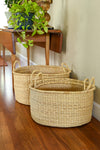 Set of Three Natural Woven Grass Floor Baskets with Handles
