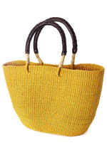 Sunny Yellow Tote Basket with Chocolate Brown Leather Handles