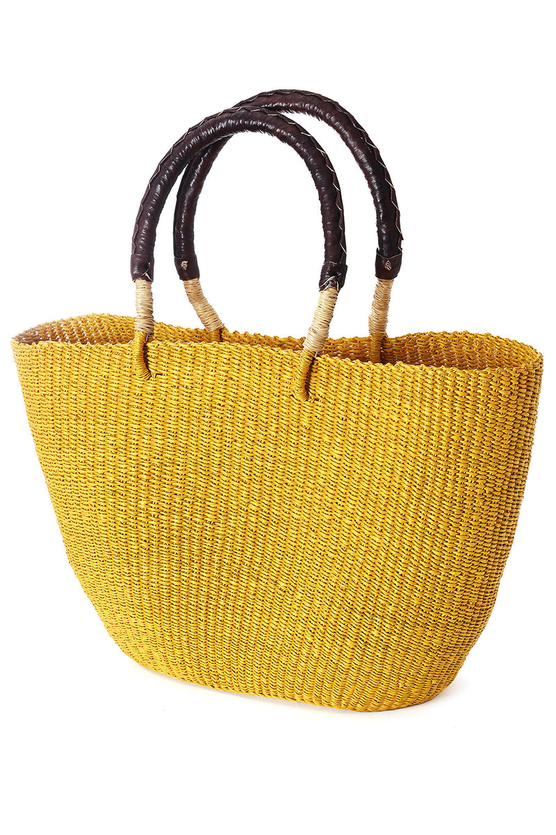Sunny Yellow Tote Basket with Chocolate Brown Leather Handles