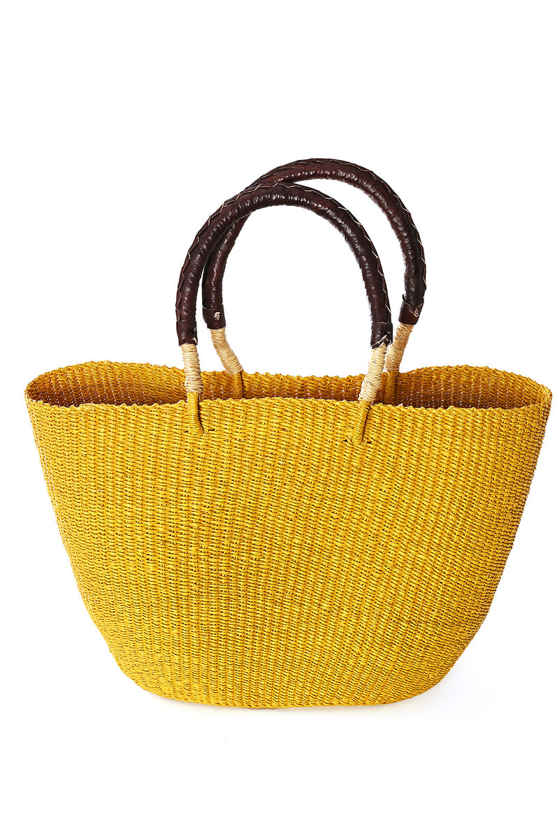 Sunny Yellow Tote Basket with Chocolate Brown Leather Handles