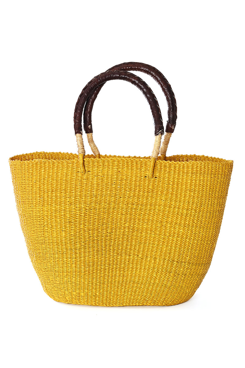 Sunny Yellow Tote Basket with Chocolate Brown Leather Handles
