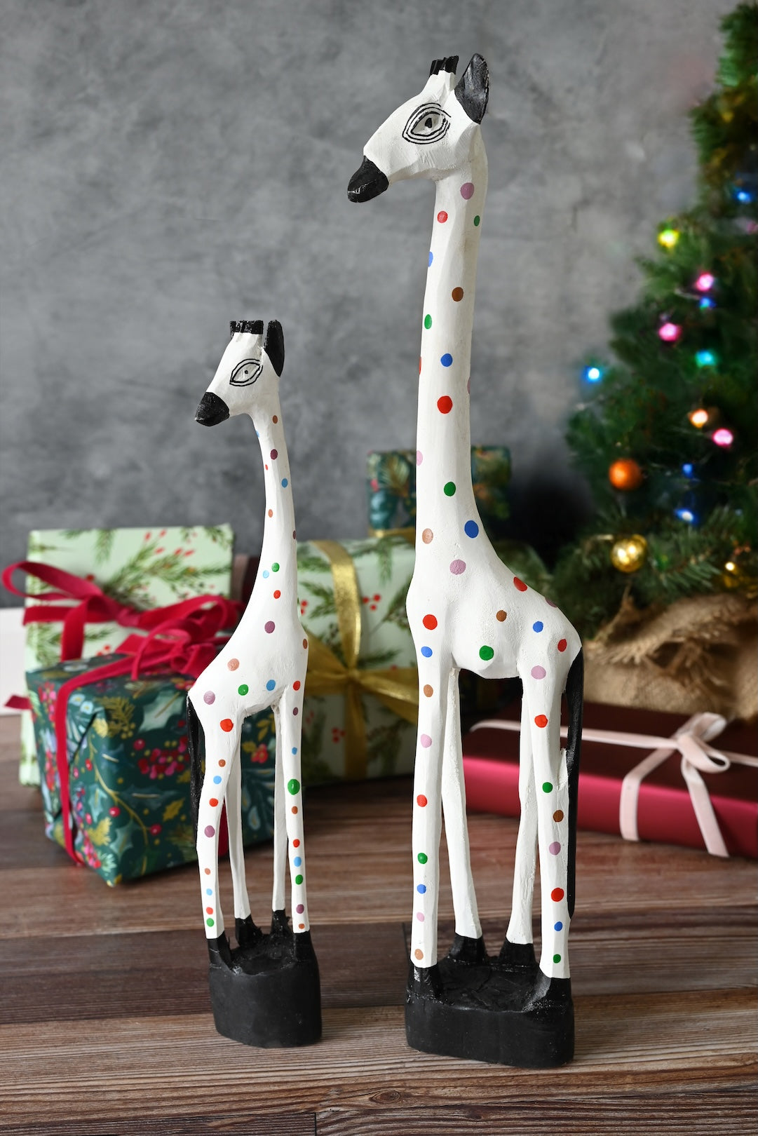 Large White Jacaranda Giraffe with Rainbow Polka Dots