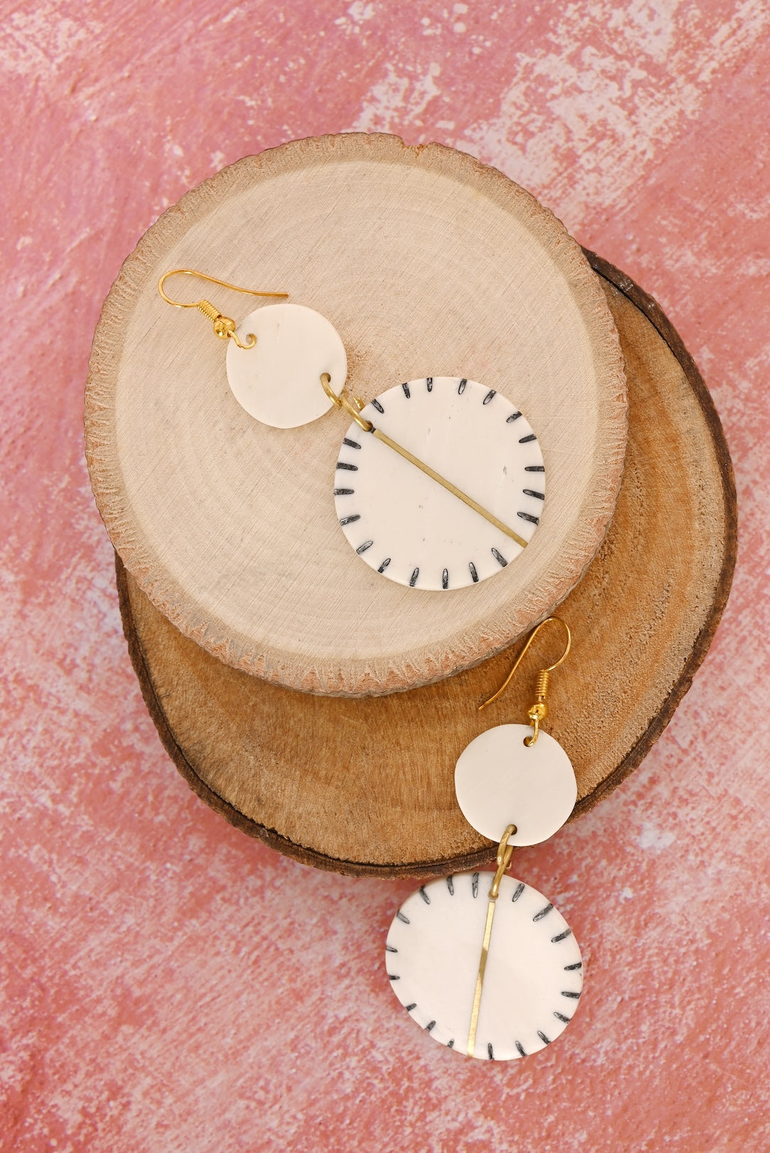 Etched Bone & Brass Disc Earrings