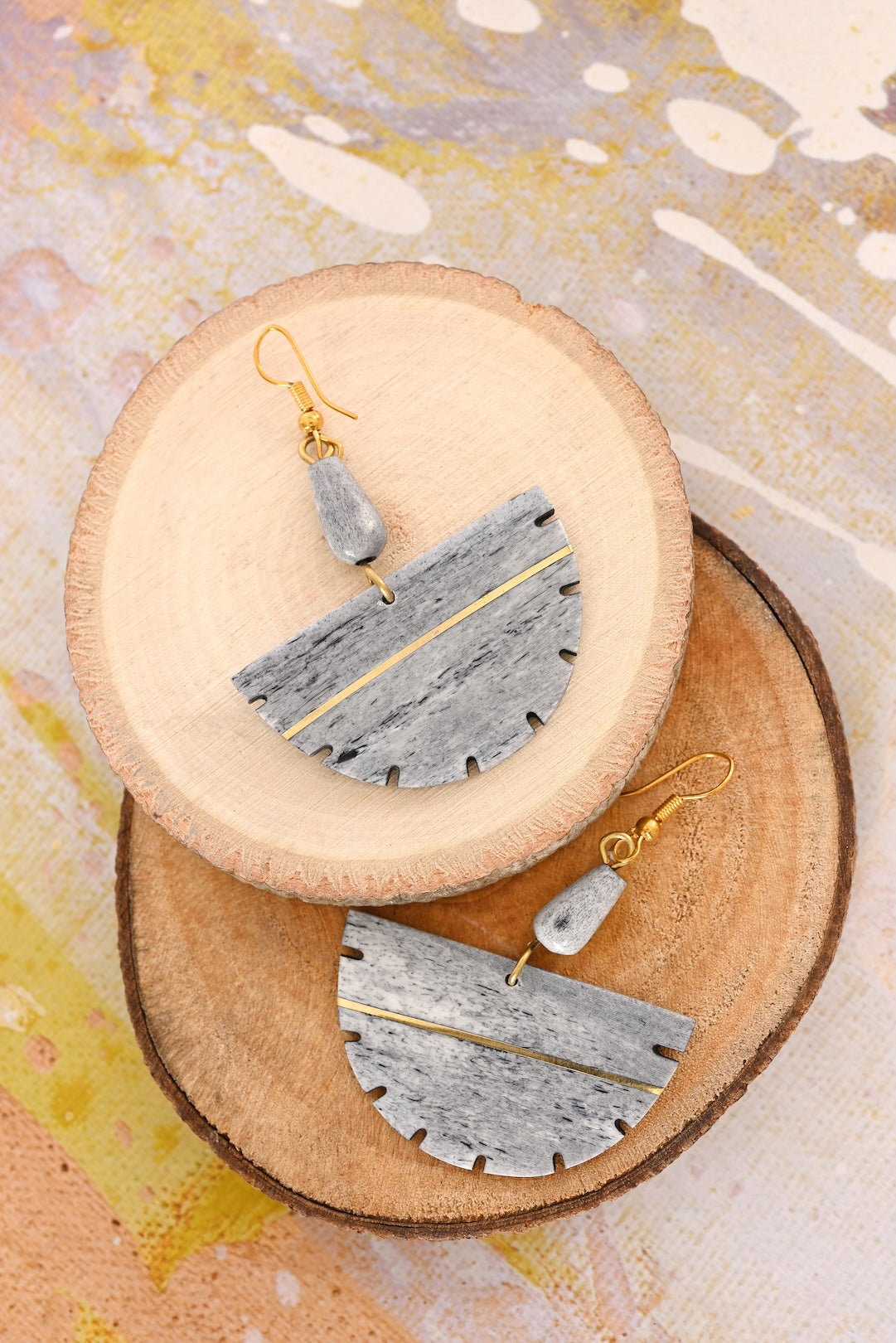 Gray Bone & Brass Fan Earrings