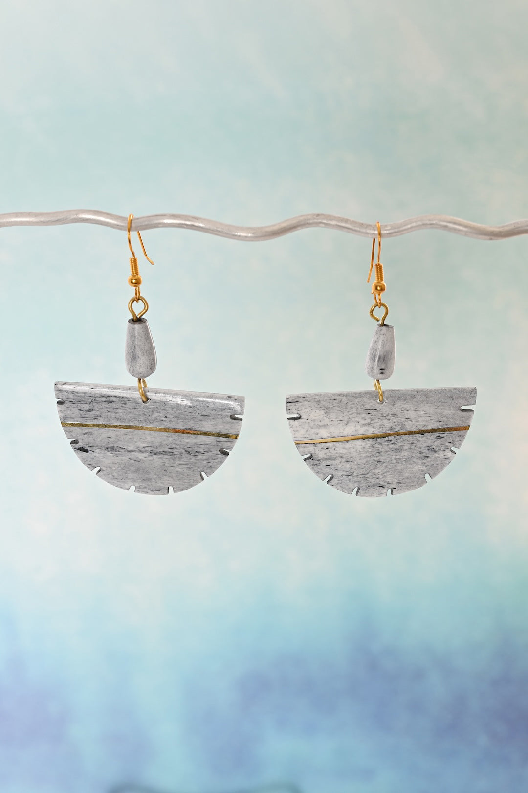 Gray Bone & Brass Fan Earrings