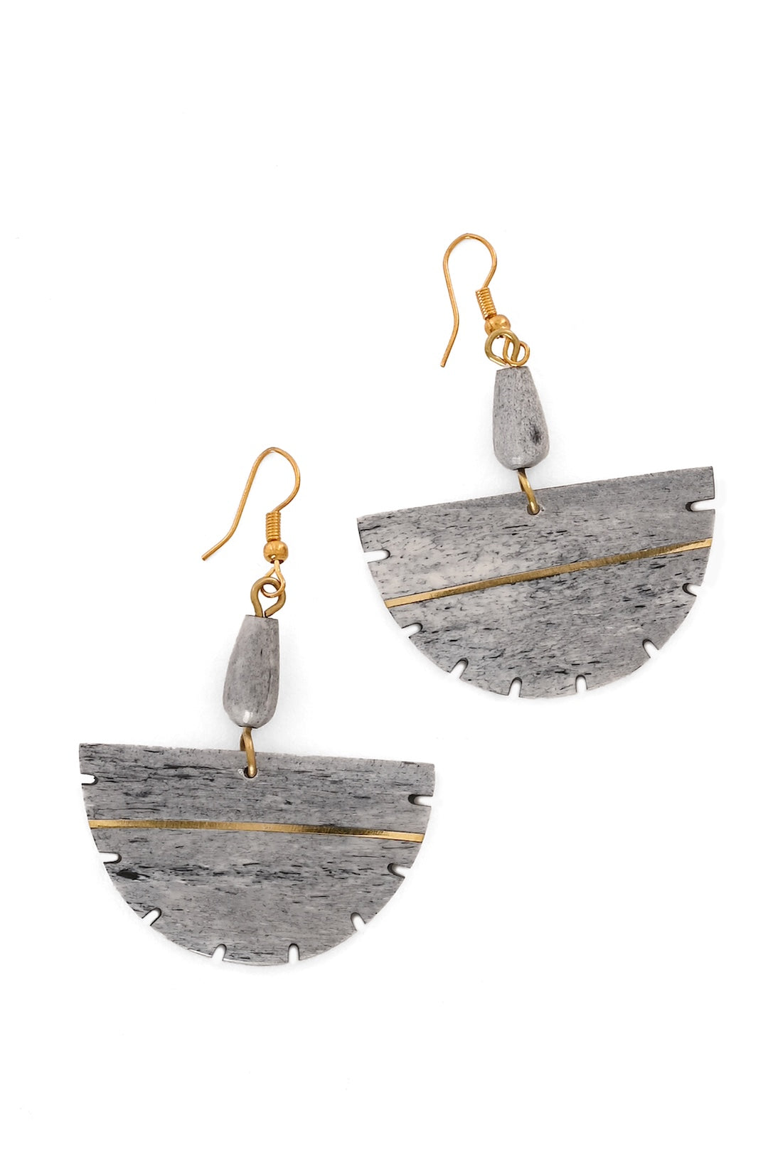 Gray Bone & Brass Fan Earrings