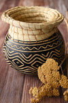 Small Carved Calabash Gourd Vessel with Basketry Rim