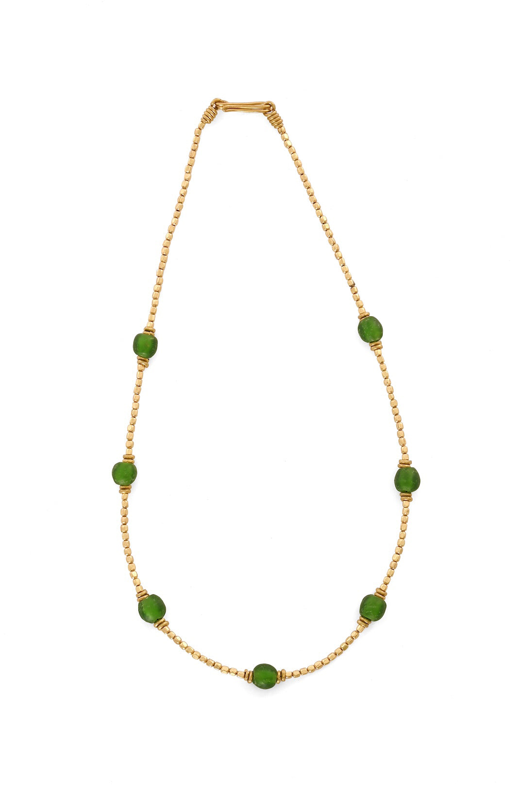 Green Recycled Glass & Faceted Brass Bead Necklace