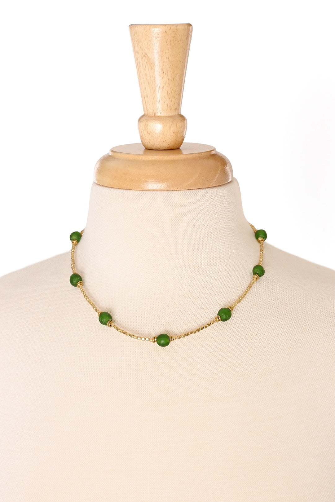 Green Recycled Glass & Faceted Brass Bead Necklace