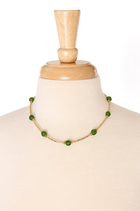 Green Recycled Glass & Faceted Brass Bead Necklace