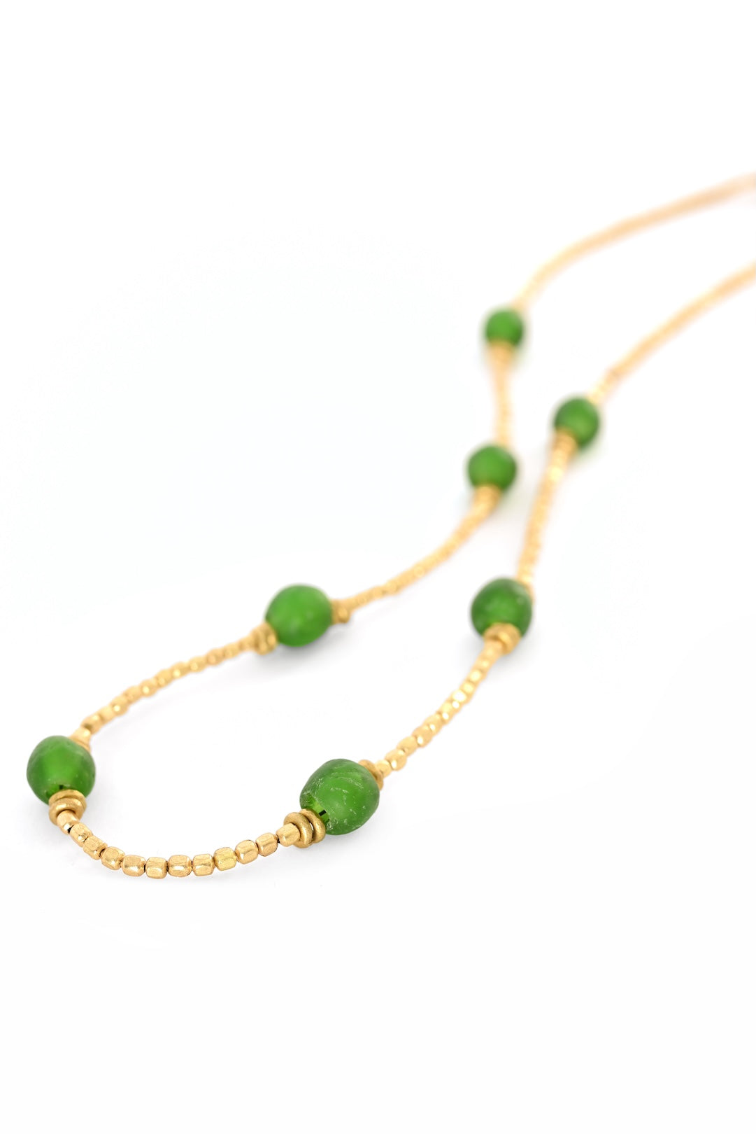 Green Recycled Glass & Faceted Brass Bead Necklace