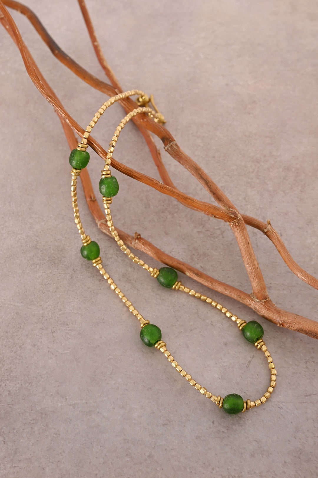 Green Recycled Glass & Faceted Brass Bead Necklace
