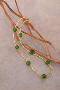 Green Recycled Glass & Faceted Brass Bead Necklace