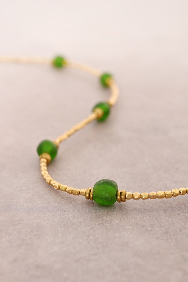 Green Recycled Glass & Faceted Brass Bead Necklace