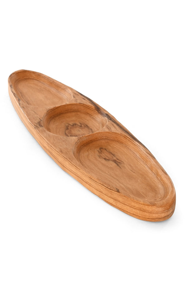 Oval Olive Wood Triple Well Serving Dish