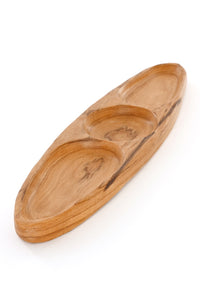 Oval Olive Wood Triple Well Serving Dish