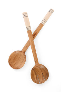 Kenyan Fine Line Olive Wood Salad Servers with Bone Handles