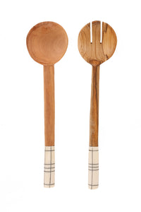Kenyan Fine Line Olive Wood Salad Servers with Bone Handles