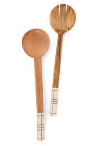 Kenyan Fine Line Olive Wood Salad Servers with Bone Handles
