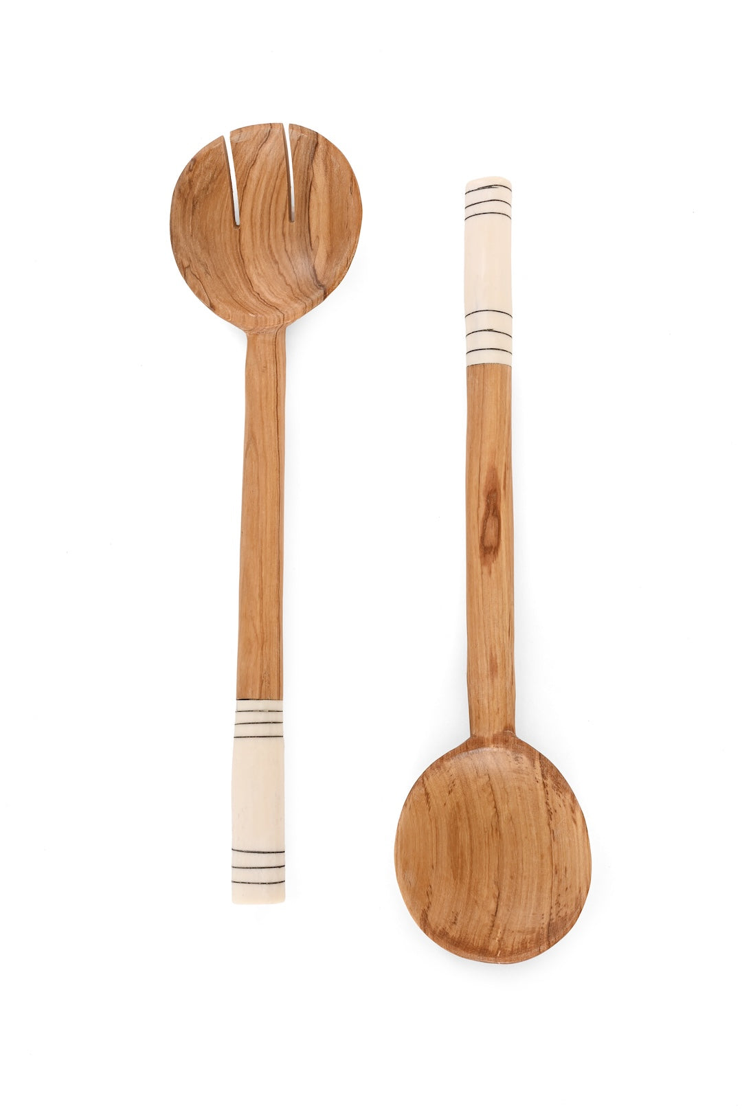 Kenyan Fine Line Olive Wood Salad Servers with Bone Handles