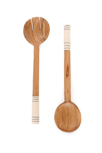 Kenyan Fine Line Olive Wood Salad Servers with Bone Handles
