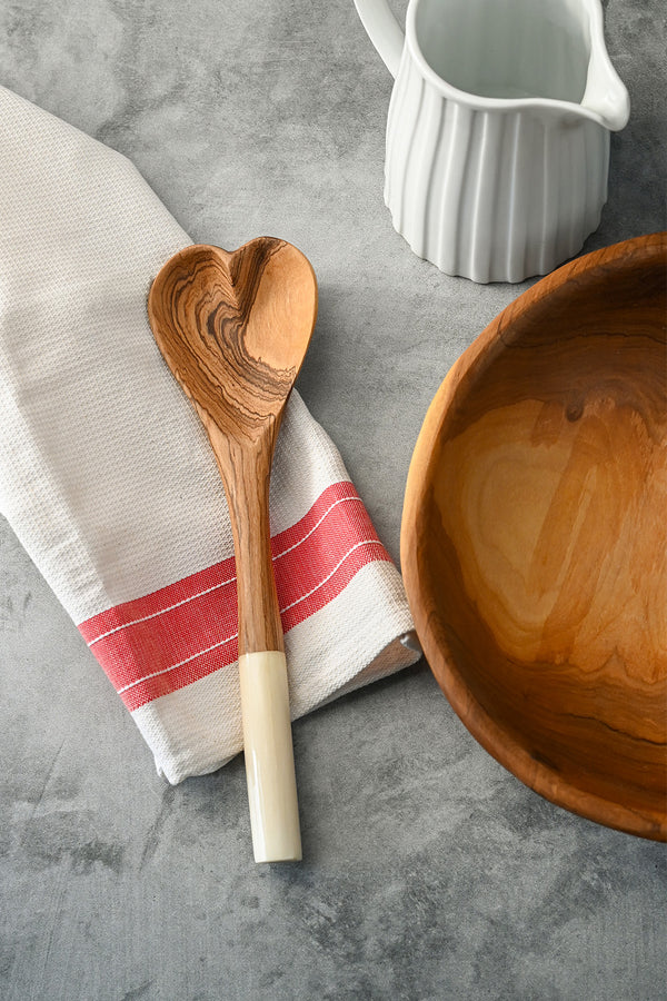 White Bone Handle Wild Olive Wood Heart Cooking Spoon - Valentine's Day Gifts