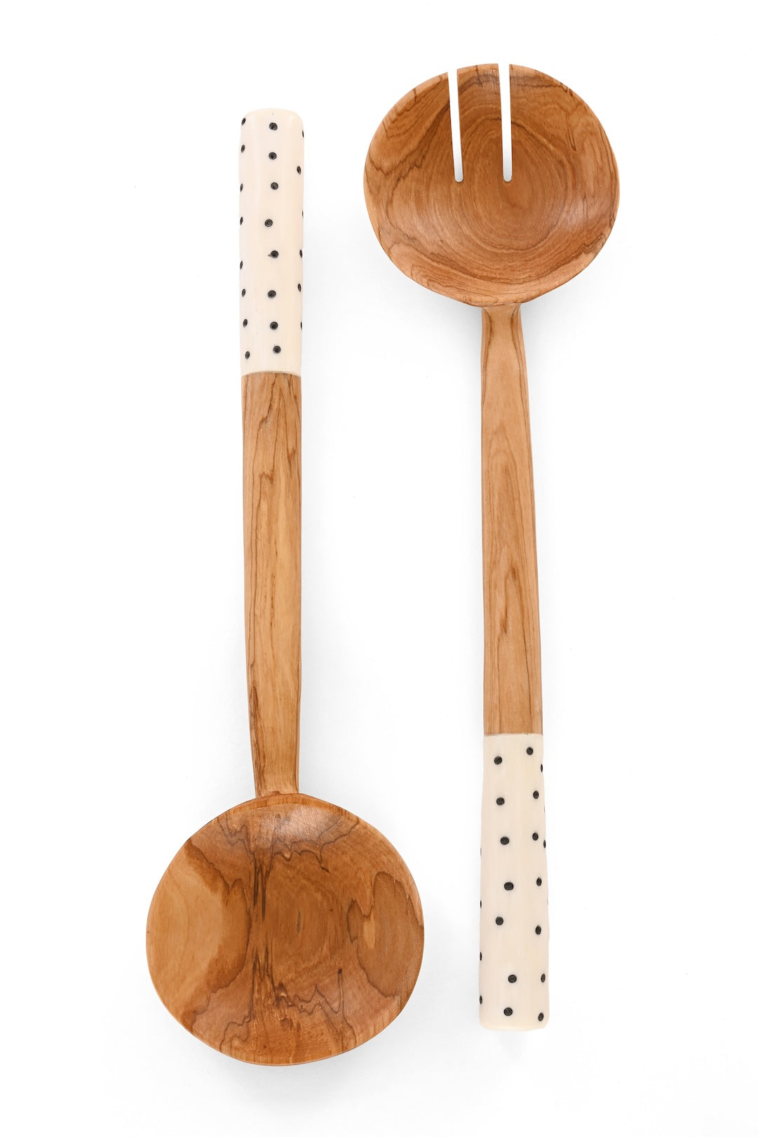 Kenyan Polka Dot Olive Wood Salad Servers with Bone Handles