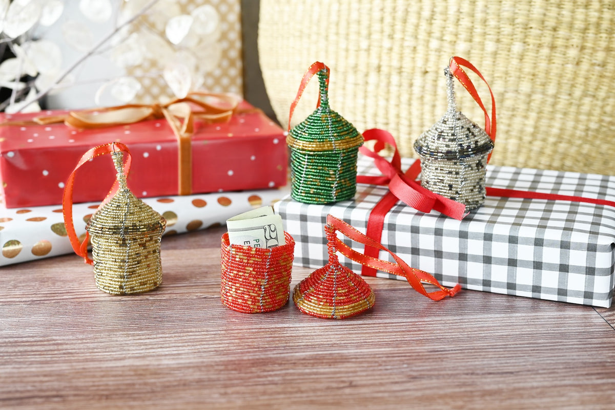 Red Beaded Holiday Gift Box Ornament