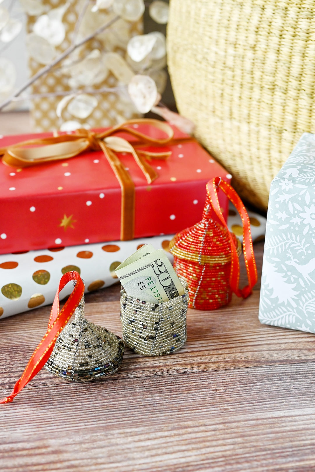 Silver Beaded Holiday Gift Box Ornament