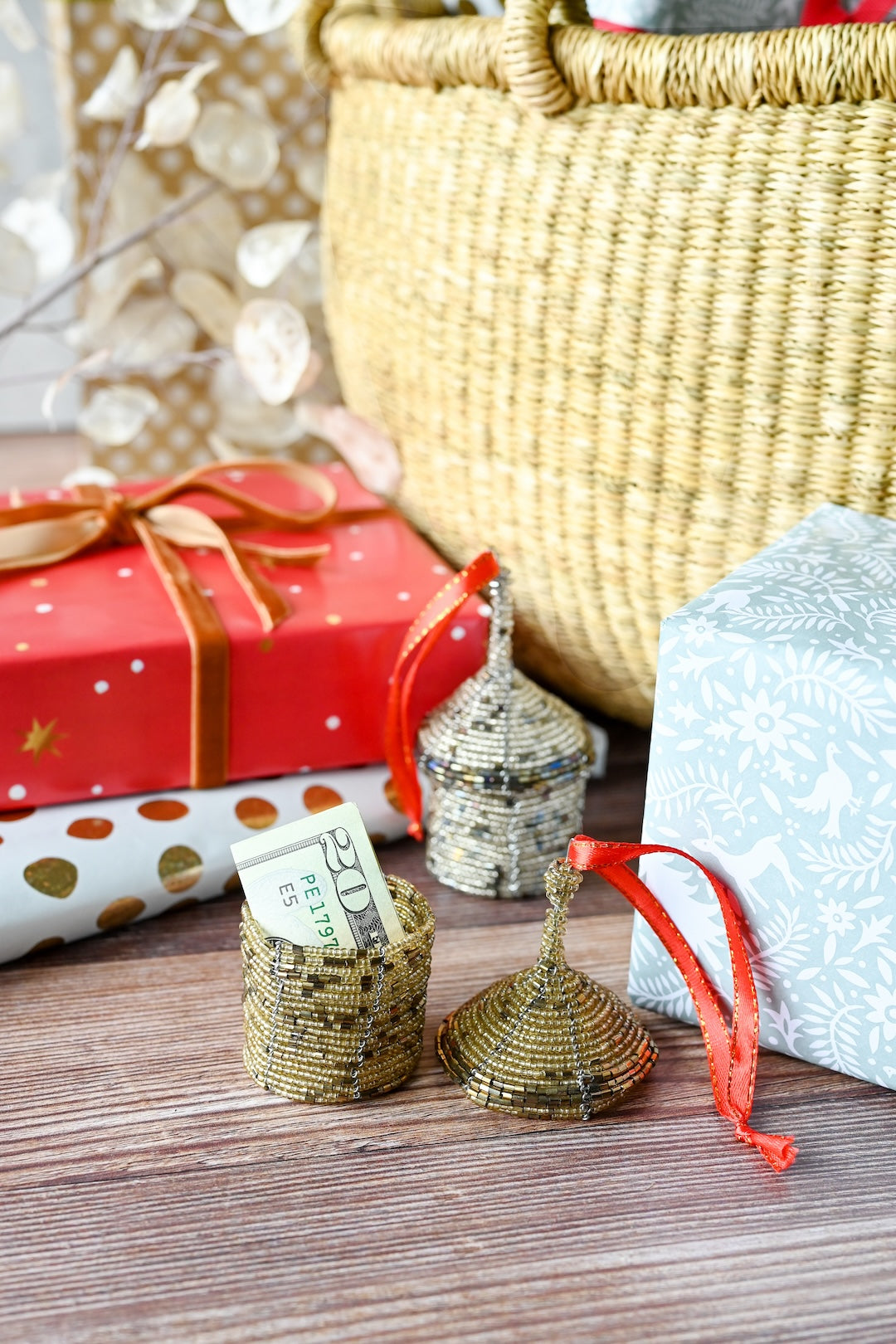 Gold Beaded Holiday Gift Box Ornament