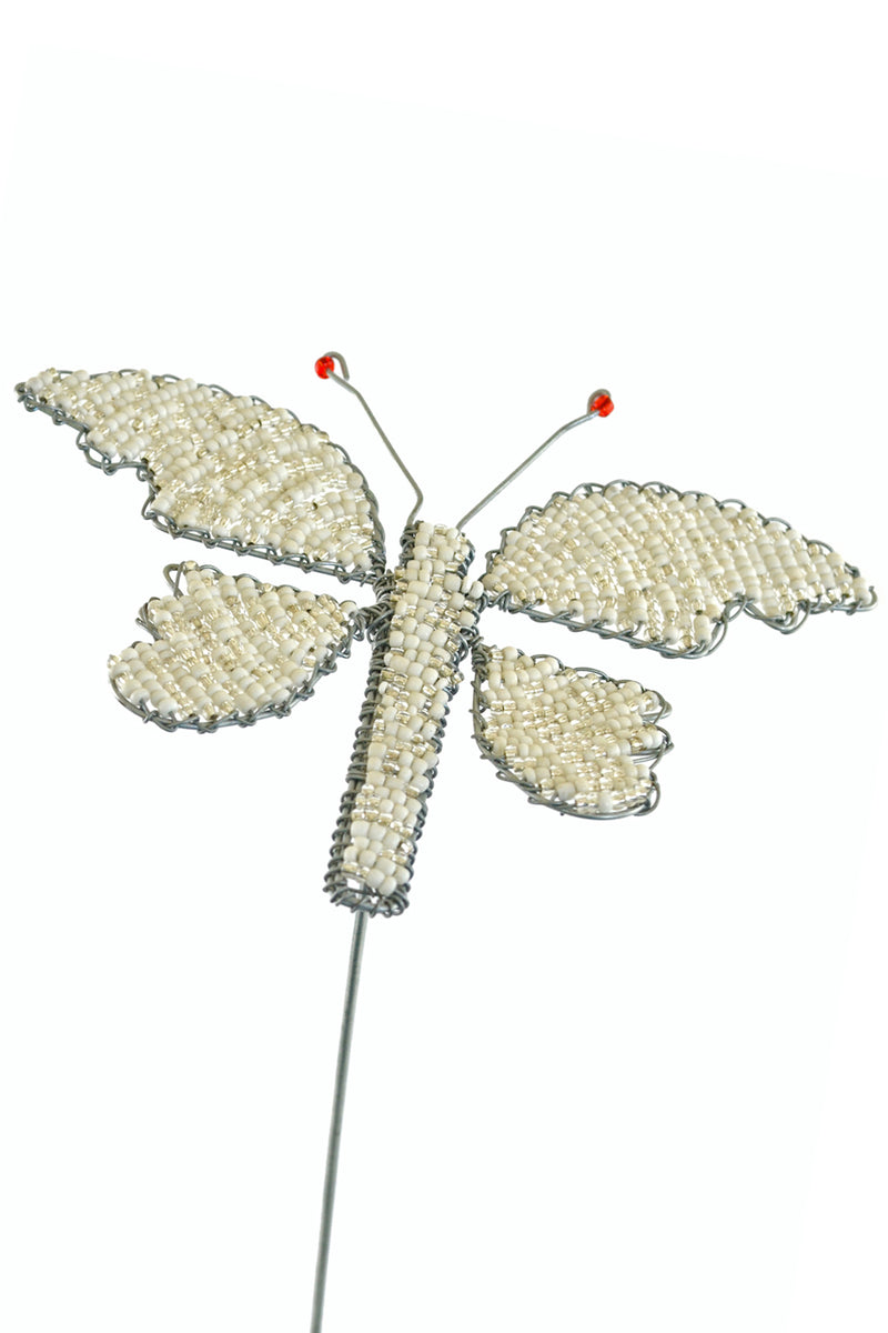 Beaded Butterfly Garden Stake - White