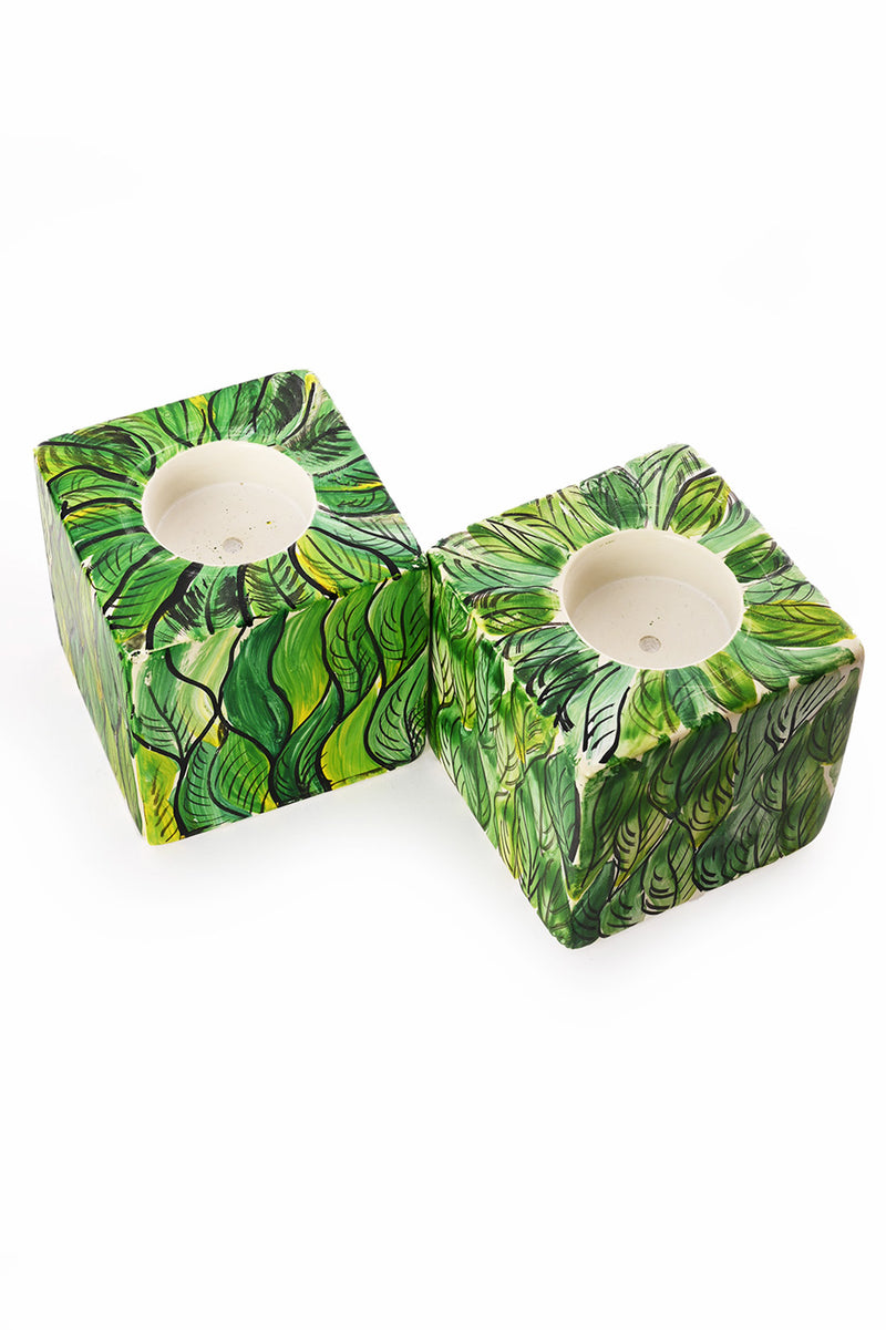 Hand-painted Botanical 3" Cube Soapstone Tea Light Candle Holder