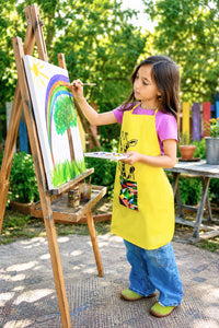 Yellow Cotton Kids' Craft Apron with Giraffe and Colorful Pocket